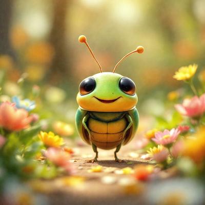 The primary subject of the image is a green and yellow insect, possibly a grasshopper or a beetle, standing in a field of flowers. The setting is a lush, colorful garden with a variety of flowers, creating a vibrant and cheerful atmosphere. The visual style of the image is a digital art or illustration, showcasing the insect's unique features and the beauty of the surrounding flowers. The colors and mood of the image are predominantly green, yellow, and pink, reflecting the natural and joyful environment.